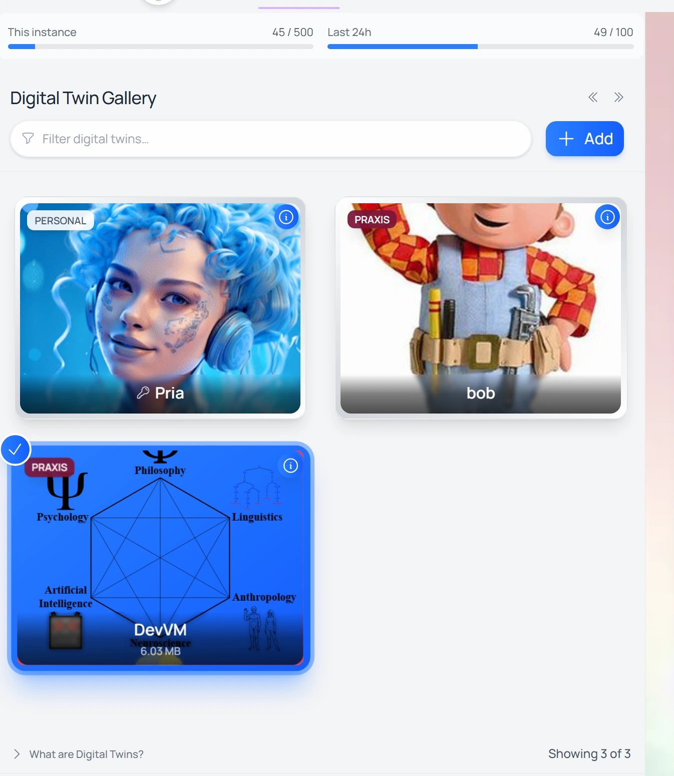 The Digital Twin Gallery showing Digital Twin cards (Pria, bob, DevVM) with provider tags, a “Filter digital twins” box, an Add button, and instance usage bars.