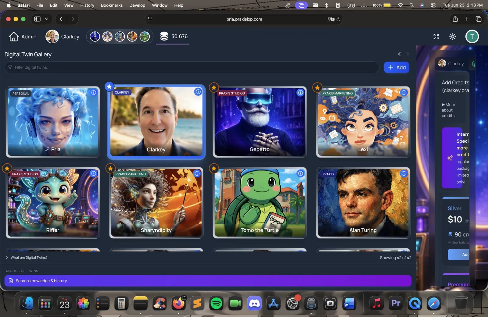The Digital Twin Gallery showing Digital Twin cards (Pria, bob, DevVM) with provider tags, a “Filter digital twins” box, an Add button, and instance usage bars.