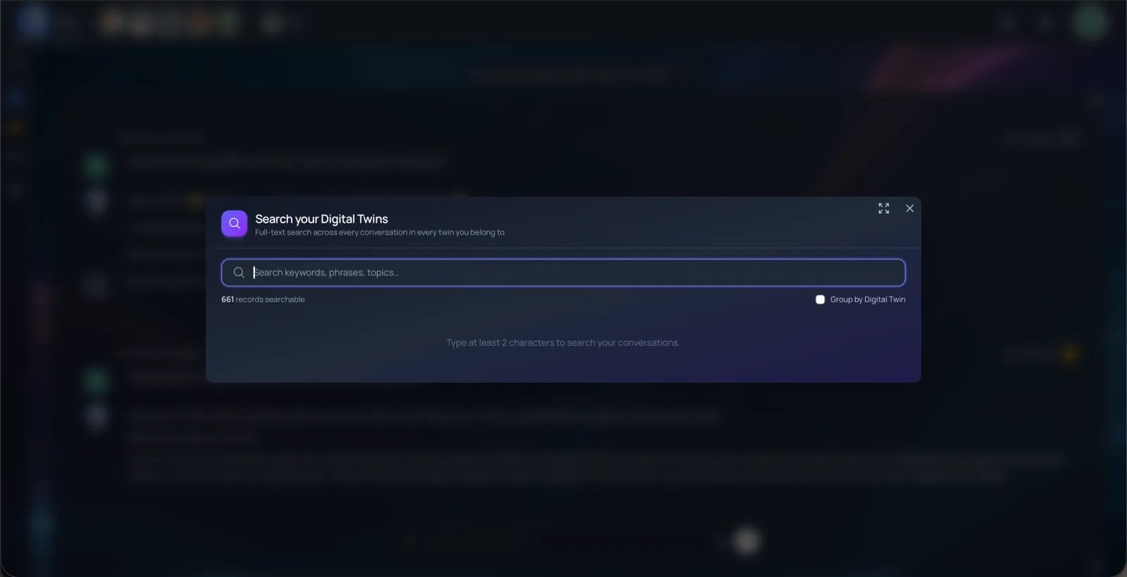 The Search your Digital Twins lightbox showing 7 matches across 11 records for “patent”, each result labelled with its Digital Twin, the keyword highlighted, a Go To button, and a Group by Digital Twin checkbox.