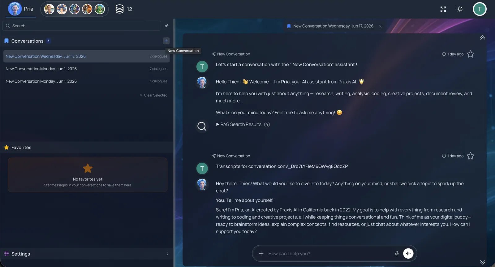 The sidebar Conversations section headed “Conversations 2”, with a + button and two conversation rows: “New Image (flower)” and “Cybersecurity”.