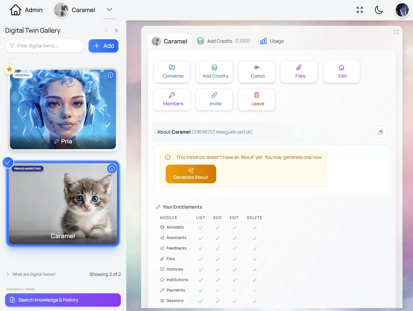 The Digital Twin Gallery with the personal Pria card and the Caramel Digital Twin card, and Caramel's panel with Converse, Add Credits, Convo, Files, Edit, Members, Invite and Leave