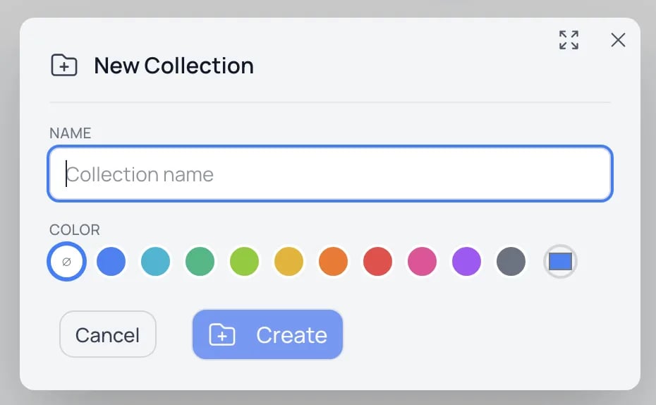 The New Collection dialog with a name field and a color picker.