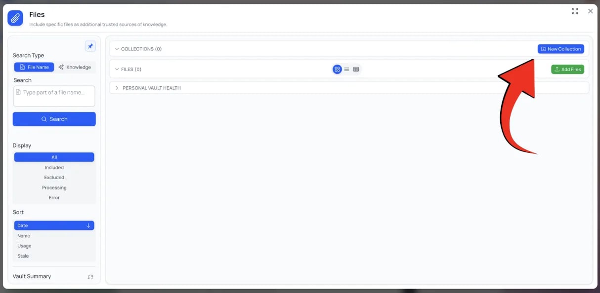 The IP Vault file panel with the + New Collection button highlighted next to + Add.