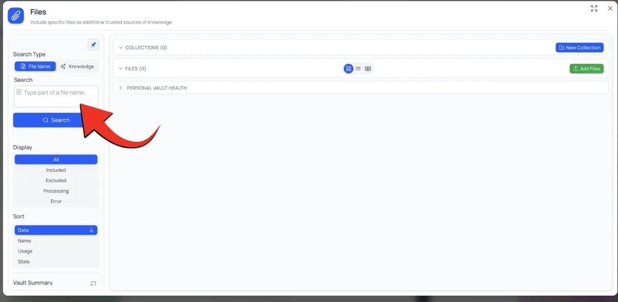The IP Vault file panel with the content search bar at the top, ready to search inside your files.