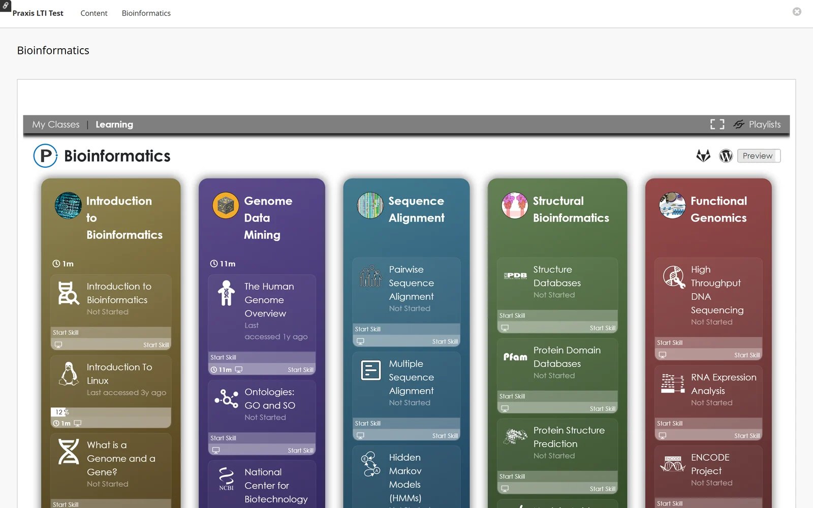 LXP cohort page for Bioinformatics inside the Blackboard frame, with My Classes and Learning tabs and skill columns such as Introduction to Bioinformatics, Genome Data Mining and Sequence Alignment, each skill showing its status and a Start Skill button