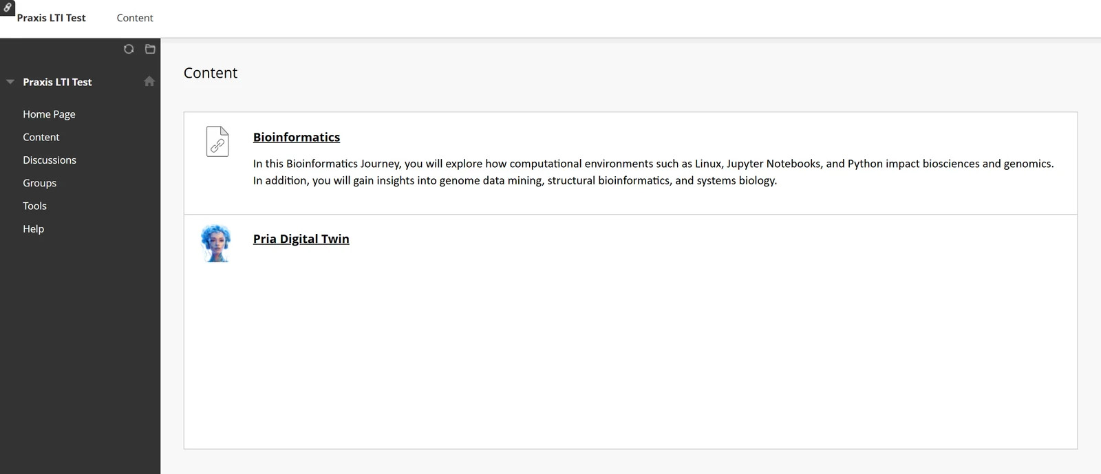Blackboard course content area listing the Bioinformatics LXP item with its description and a Pria Digital Twin item