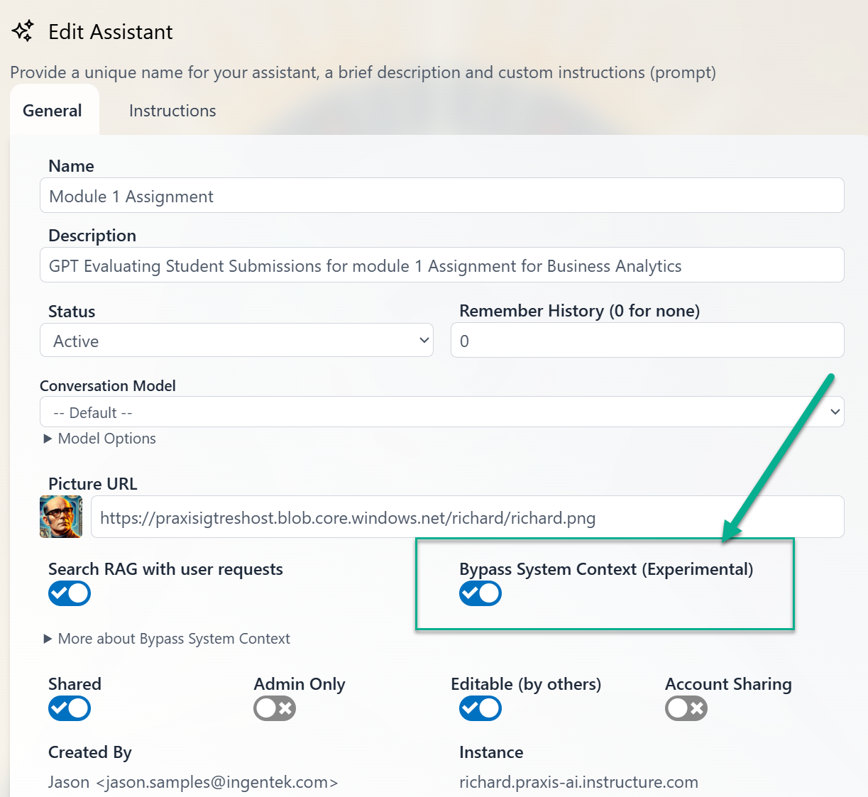 Bypass System Context toggle in the Assistant configuration panel
