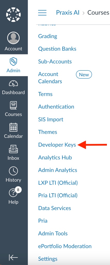 Developer Keys menu option
