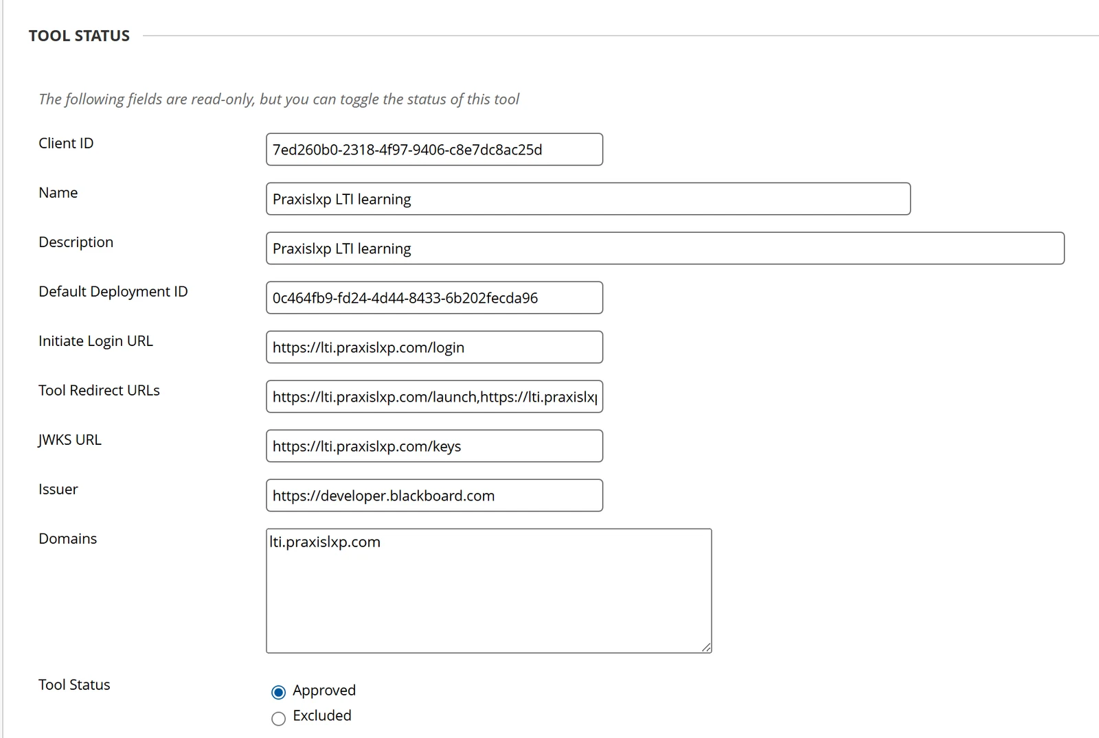 Accept LTI 1.3 Tool page showing the LXP's name Praxislxp LTI learning, login, redirect and JWKS URLs on lti.praxislxp.com, the lti.praxislxp.com domain and Tool Status Approved