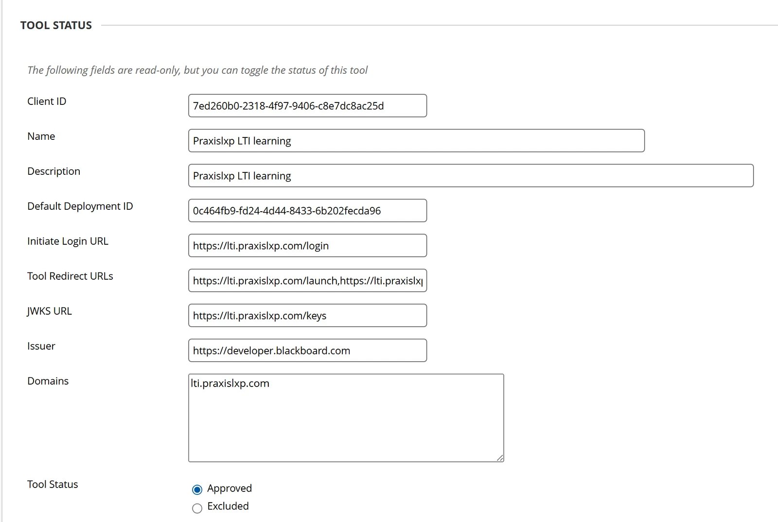 Accept LTI 1.3 Tool page showing the LXP's name Praxislxp LTI learning, login, redirect and JWKS URLs on lti.praxislxp.com, the lti.praxislxp.com domain and Tool Status Approved
