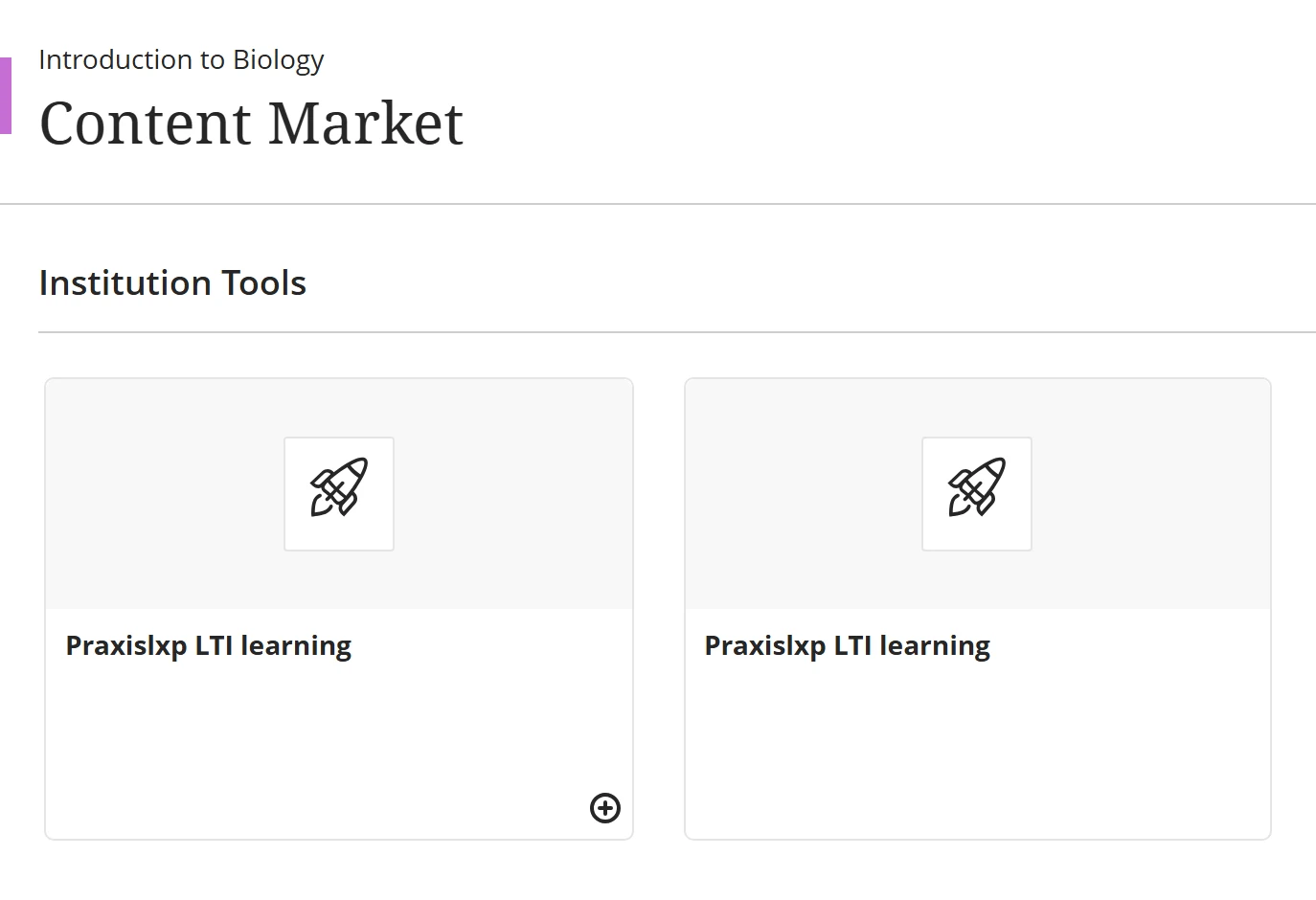 Content Market, Institution Tools section with two Praxislxp LTI learning cards, the first with an add button