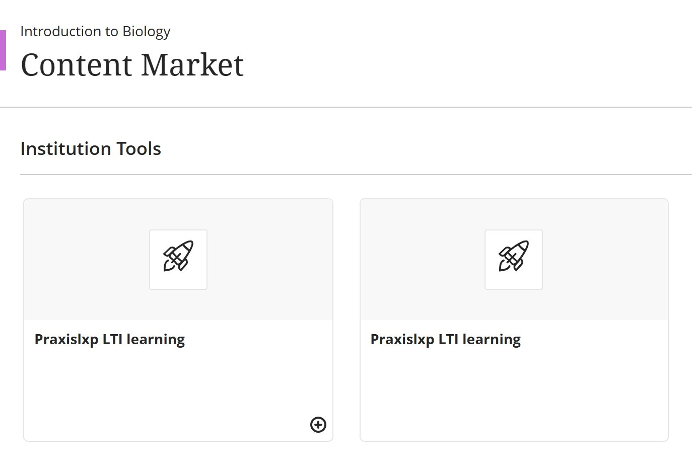Content Market, Institution Tools section with two Praxislxp LTI learning cards, the first with an add button