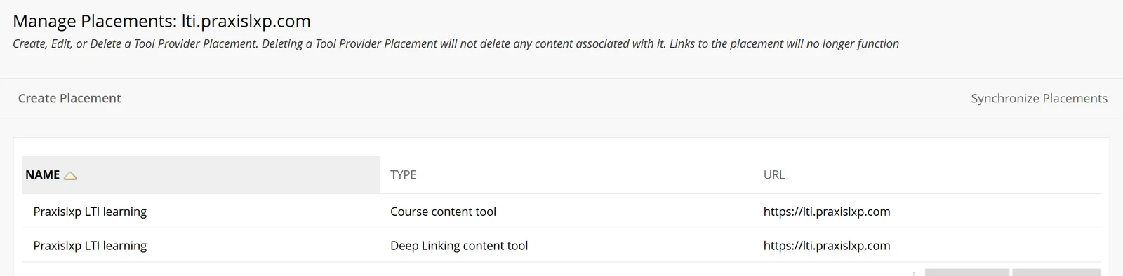 Manage Placements for lti.praxislxp.com listing Praxislxp LTI learning as a Course content tool and as a Deep Linking content tool, both at https://lti.praxislxp.com