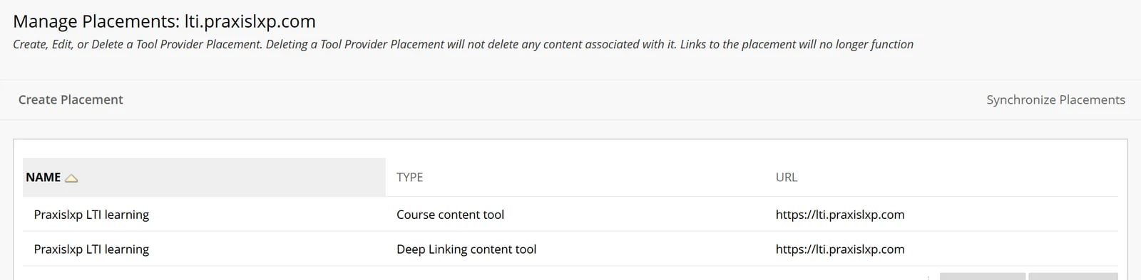 Manage Placements for lti.praxislxp.com listing Praxislxp LTI learning as a Course content tool and as a Deep Linking content tool, both at https://lti.praxislxp.com