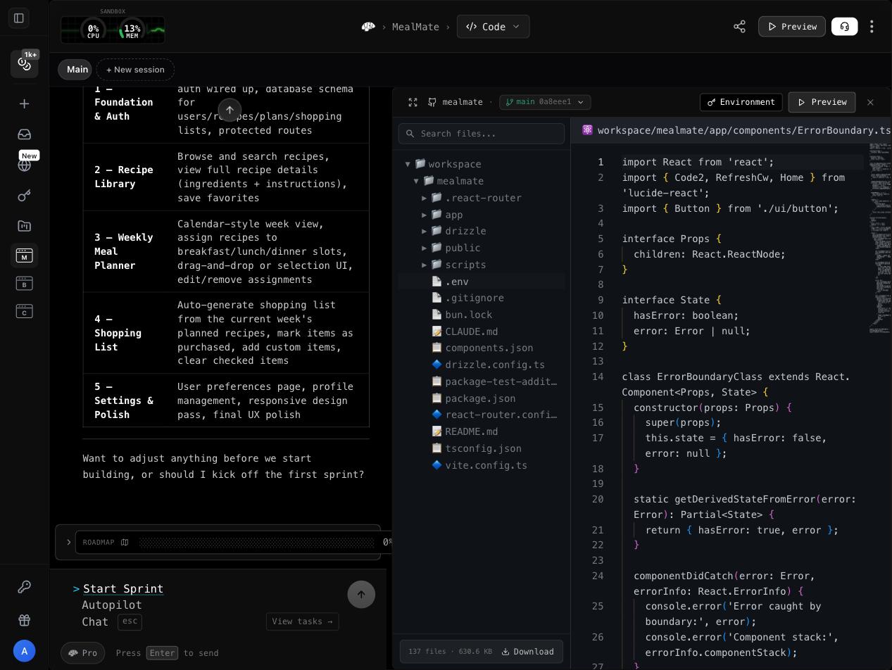 The Code view: browse the live codebase, check the env, download everything