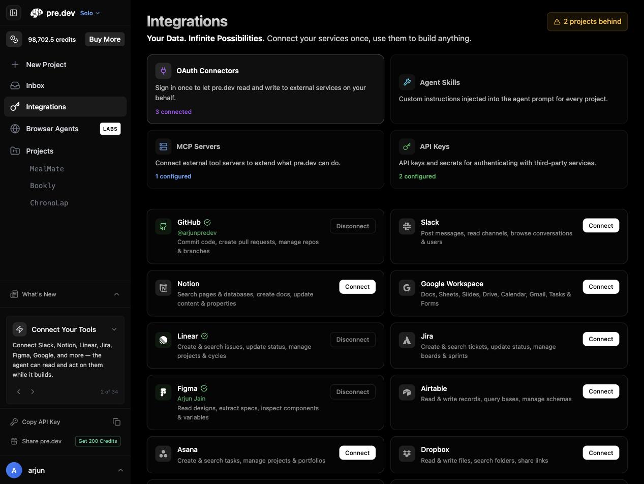 Integrations: OAuth connectors, agent skills, MCP servers, and API keys in one place