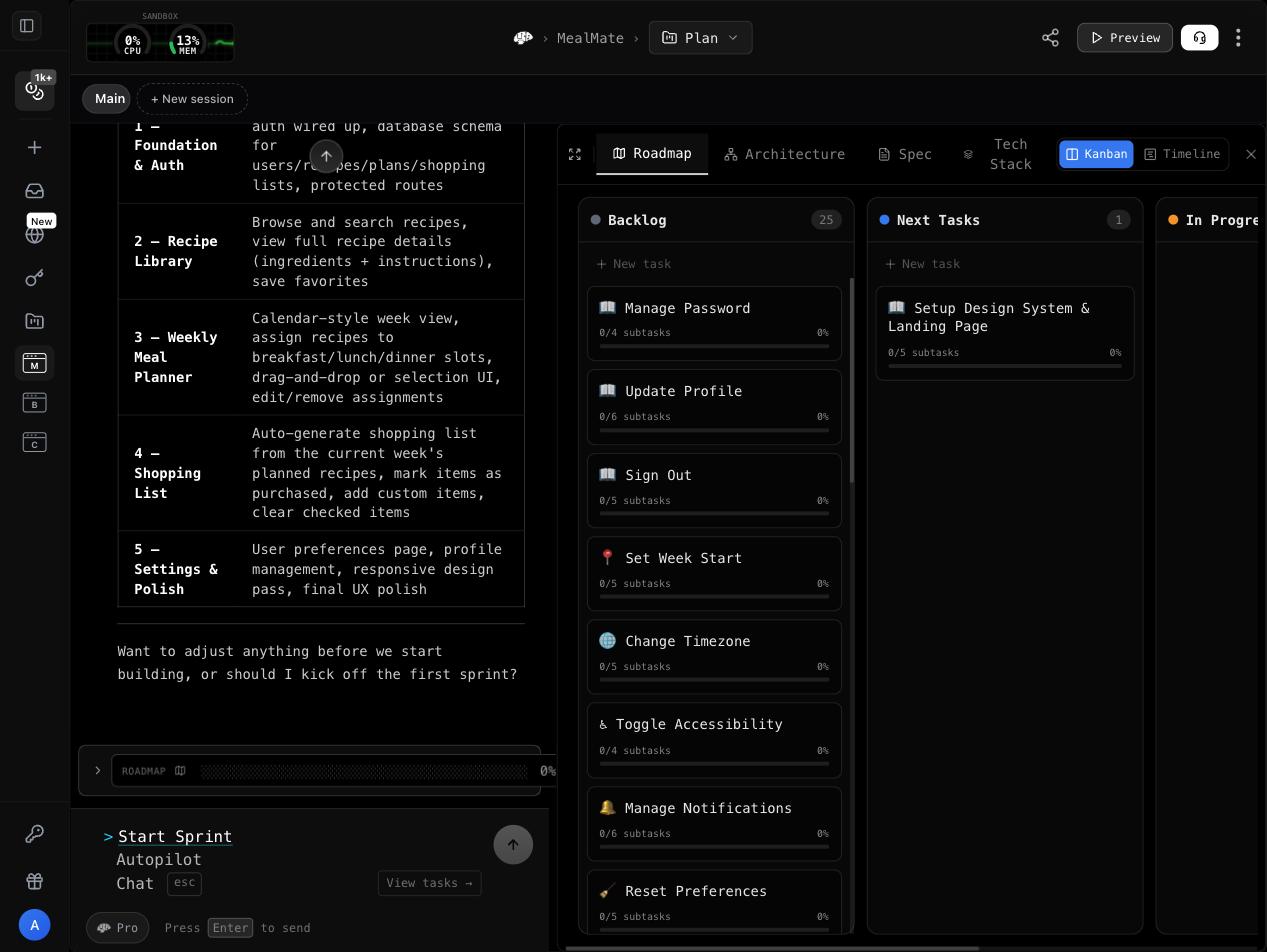 The Kanban board: drag stories between Backlog, Next Tasks, In Progress, and Done