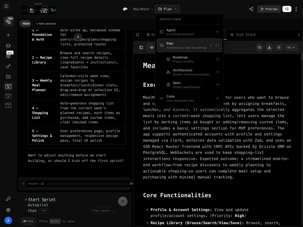 Switch views from the header, or with ⌘1–⌘5