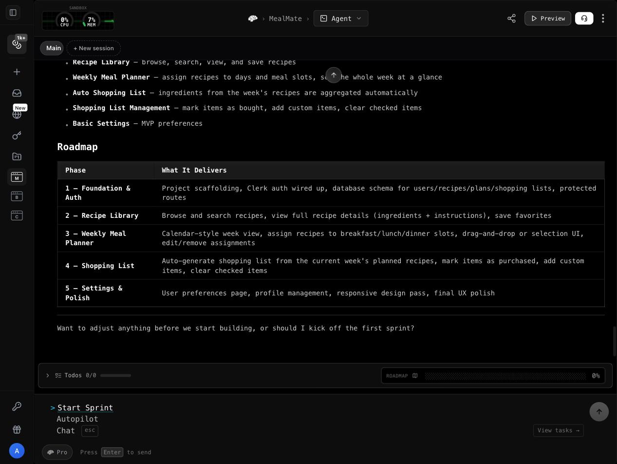 The workspace: terminal chat with the agent, session tabs, and live build progress