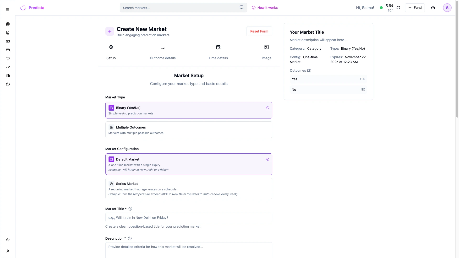 Create Market page - Step 1: Market Setup