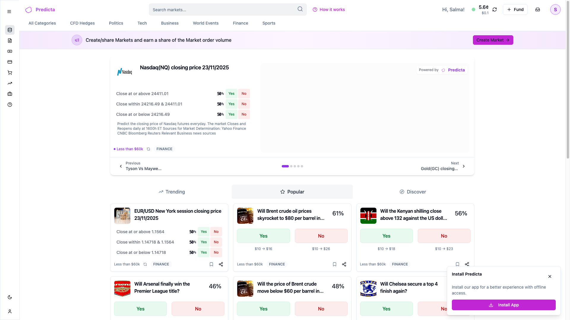 Dashboard view showing account balance, active markets, and recent transactions