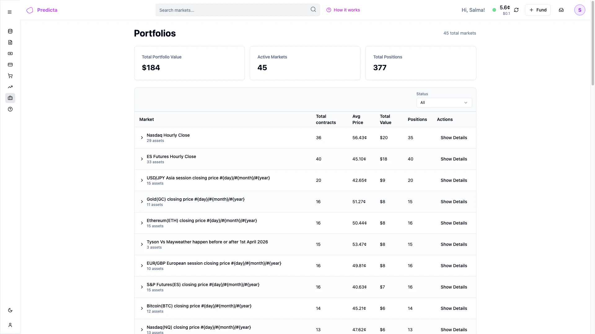 Portfolio page showing all your market positions and holdings