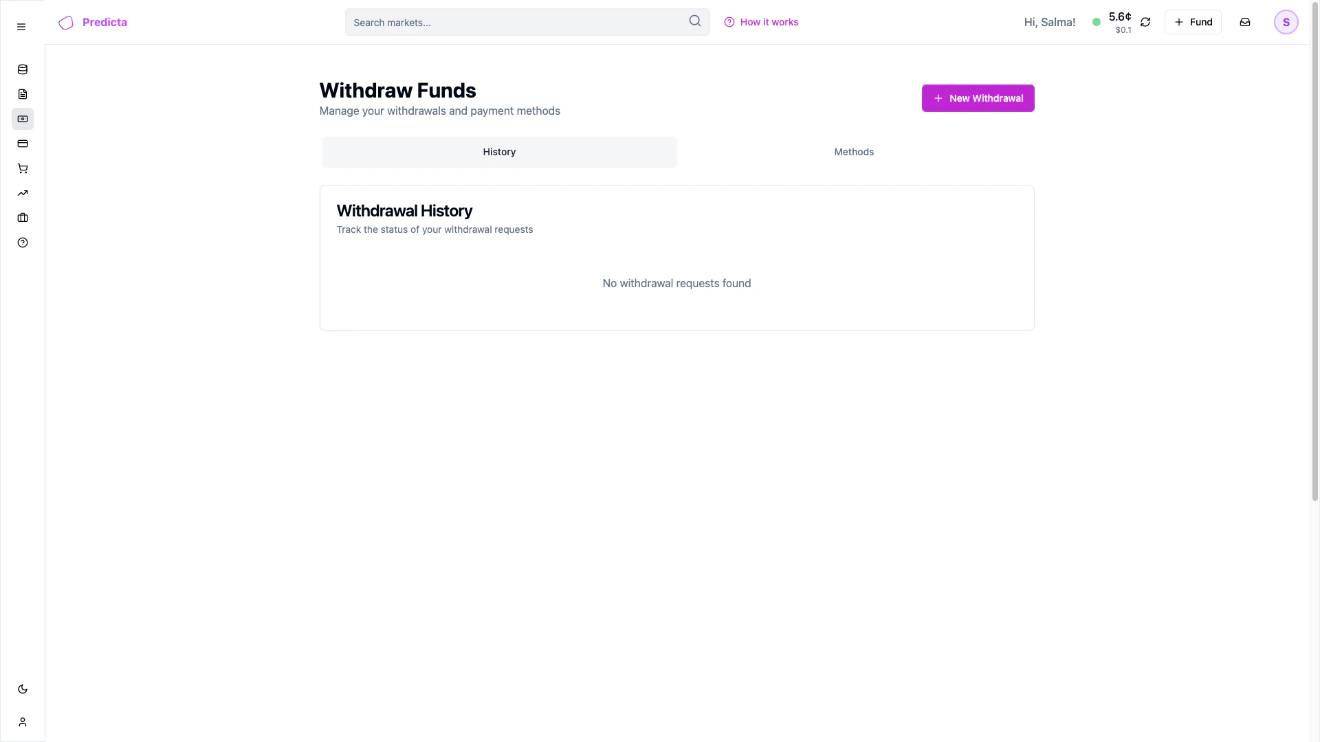 Withdrawals page showing withdrawal history and new withdrawal option