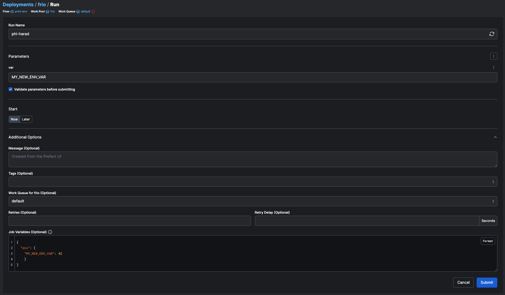 Job variables through custom run