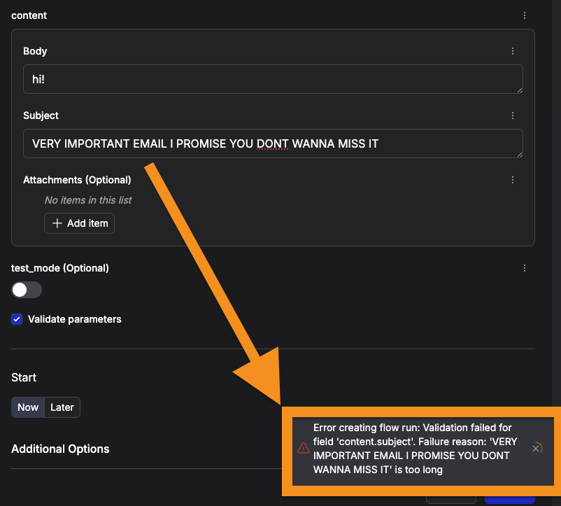 early validation failure toast