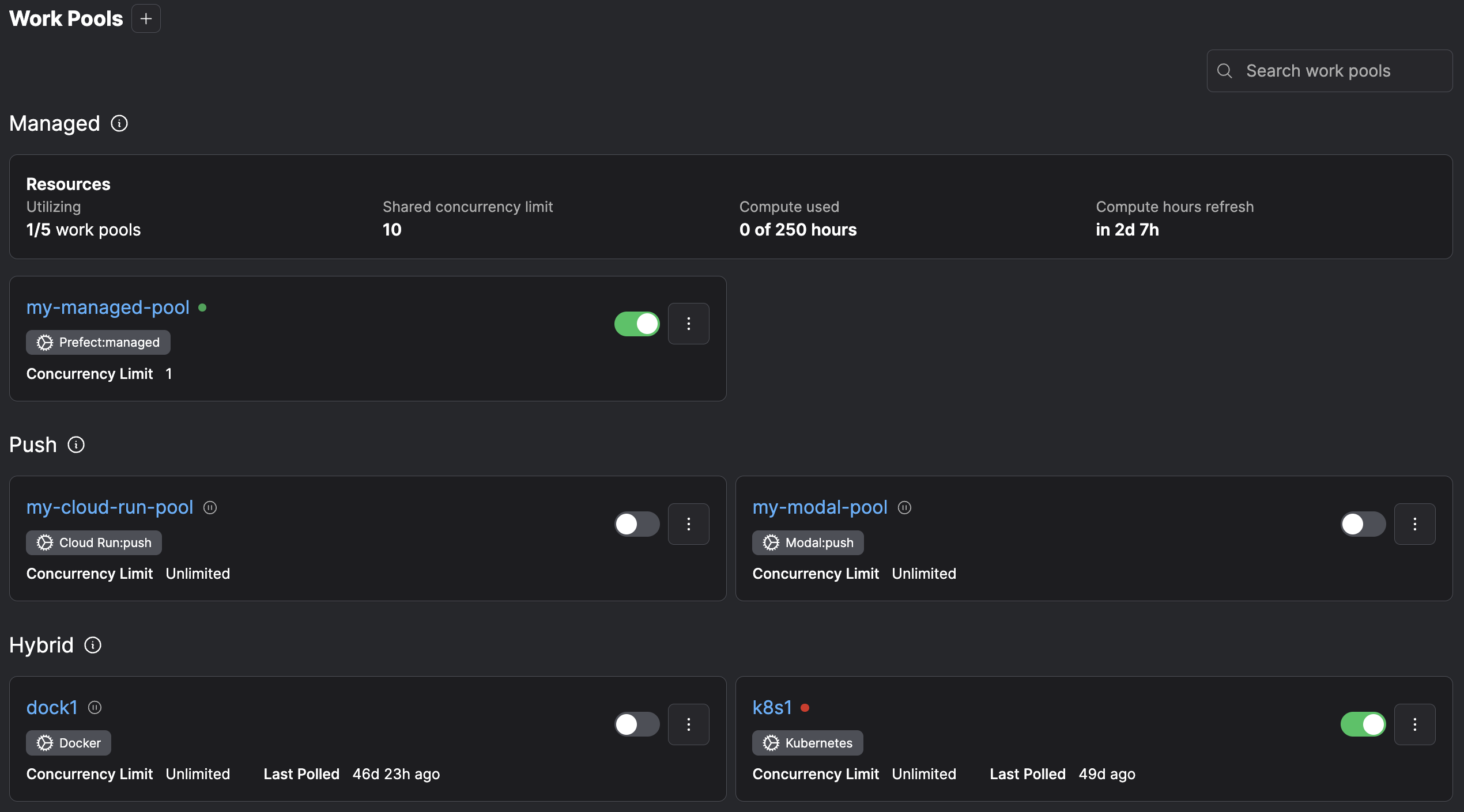 The UI displays a list of configured work pools