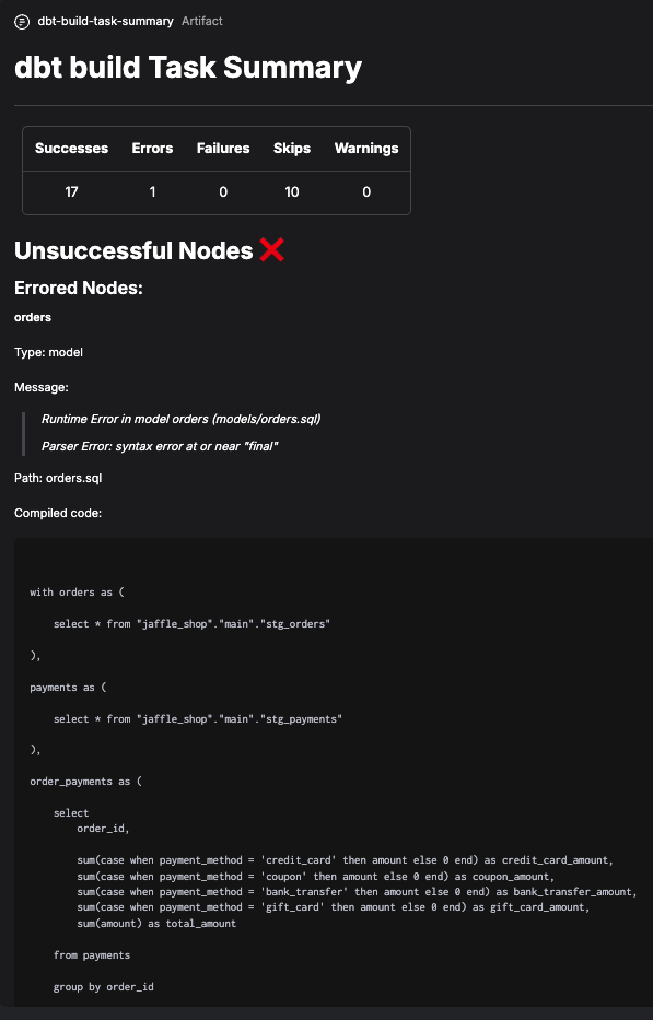 prefect-dbt Summary Artifact