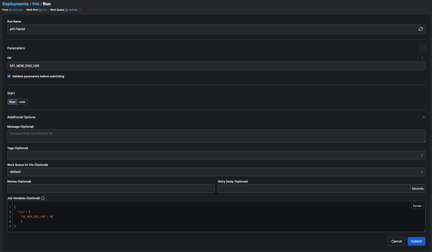 Job variables through custom run