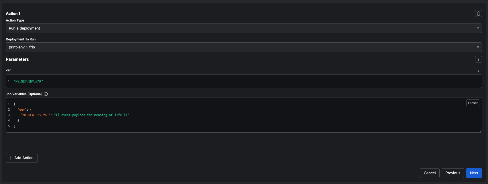 Job variables through automation action