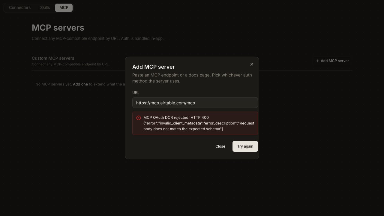 Add MCP server dialog with a red error card carrying the provider's HTTP 400 response and a Try again button.