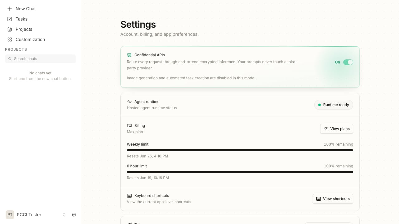 Confidential APIs panel in the active state: green shield icon, On toggle, green background, and a note that image generation and automated task creation are disabled in this mode. Billing reads Max plan.