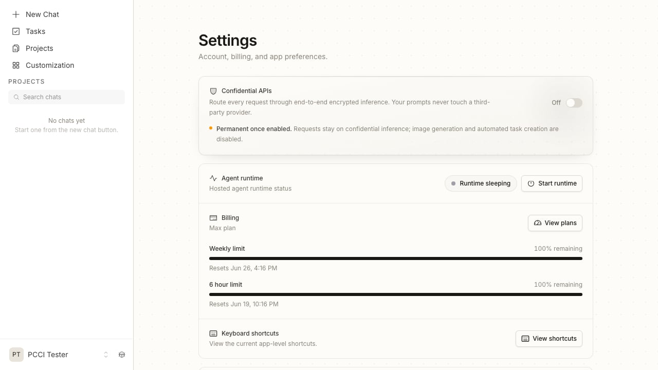Confidential APIs panel on the Max plan: the toggle is enabled and a note reads 'Permanent once enabled. Requests stay on confidential inference; image generation and automated task creation are disabled.' Billing reads Max plan.