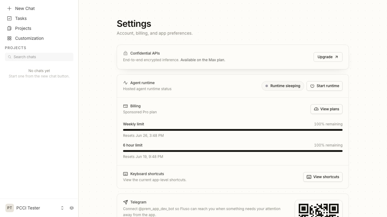 Fluso Settings page. The Confidential APIs row reads 'End-to-end encrypted inference. Available on the Max plan' with an Upgrade button. Billing reads Sponsored Pro plan.