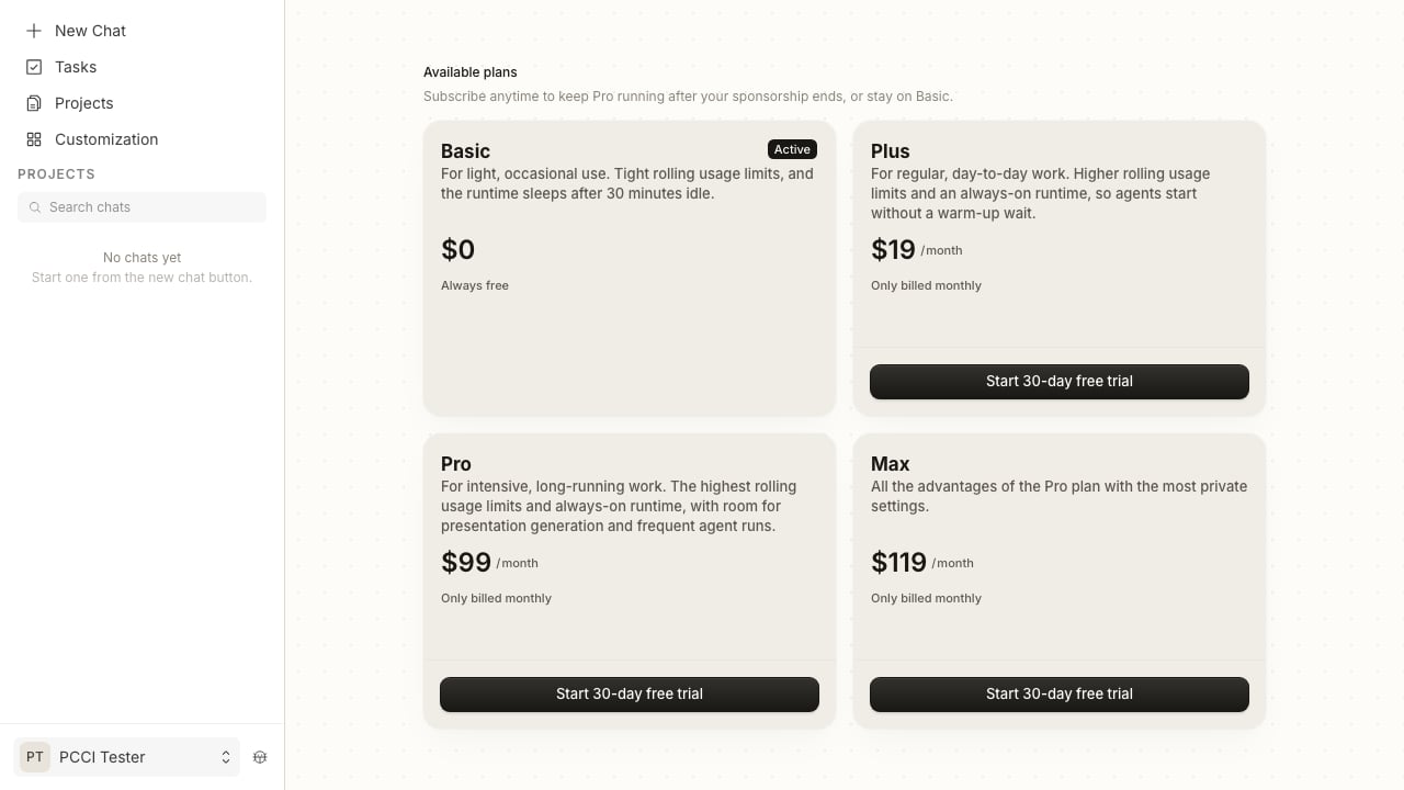 Plans grid showing Basic, Plus, Pro, and Max. The Max card reads '$119/month — all the advantages of the Pro plan with the most private settings'.