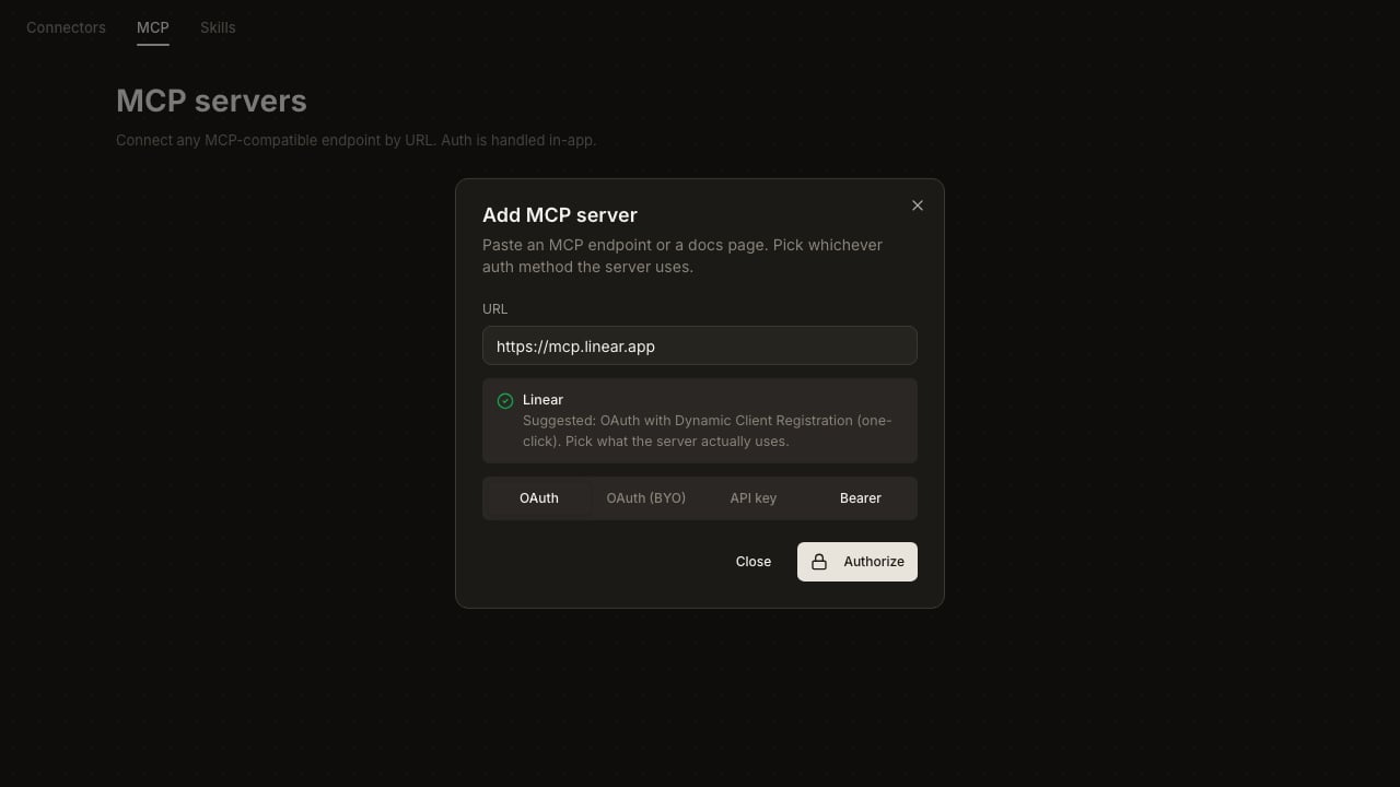 Add MCP server dialog with URL 'https://mcp.linear.app', a green-tick suggestion banner reading 'Linear, Suggested: OAuth with Dynamic Client Registration (one-click). Pick what the server actually uses.', a four-tab strip (OAuth selected, then OAuth (BYO), API key, Bearer), and an Authorize button.
