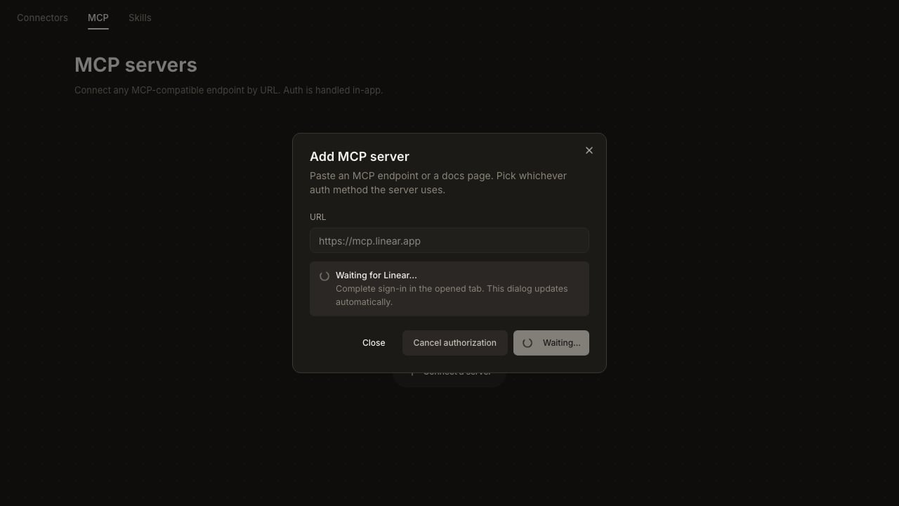 Add MCP server dialog after clicking Authorize: a spinner card reads 'Waiting for Linear… Complete sign-in in the opened tab. This dialog updates automatically.' Cancel authorization and Waiting buttons at the bottom.