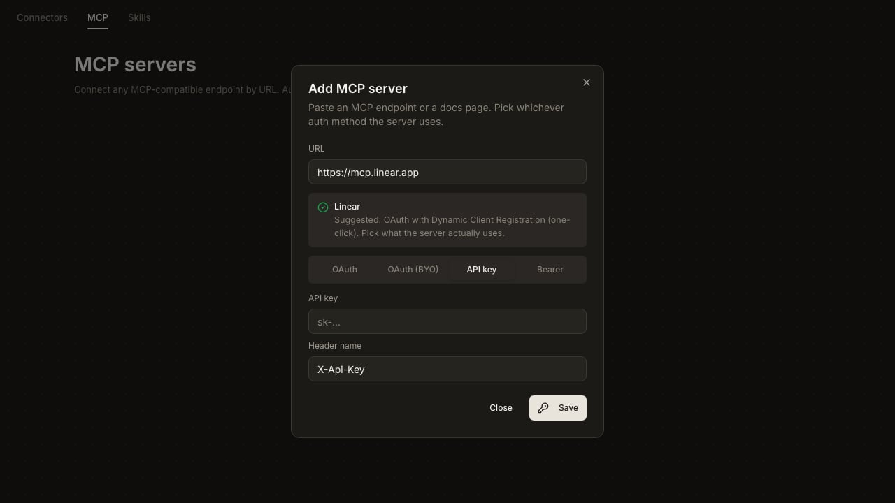 Add MCP server dialog on the API key tab. Visible fields: API key (placeholder 'sk-...'), Header name (default 'X-Api-Key'). Save button at the bottom.