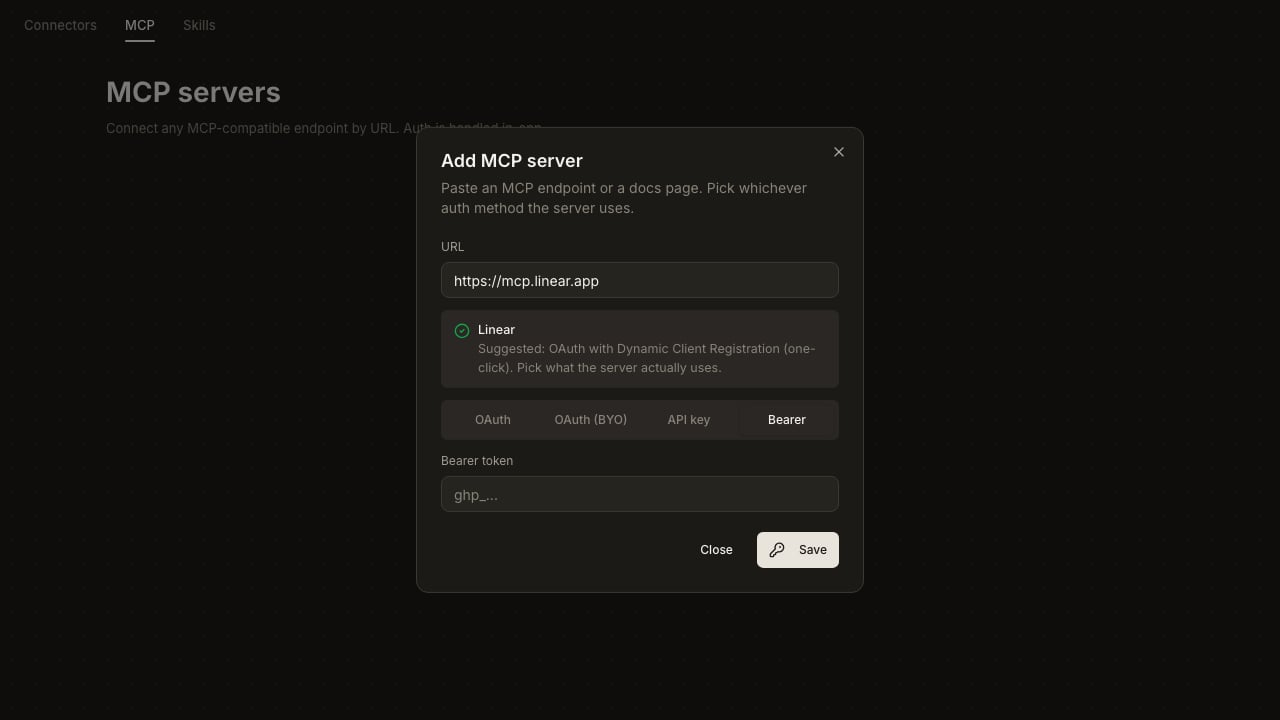 Add MCP server dialog on the Bearer tab. Visible field: Bearer token (placeholder 'ghp_...'). Save button at the bottom.