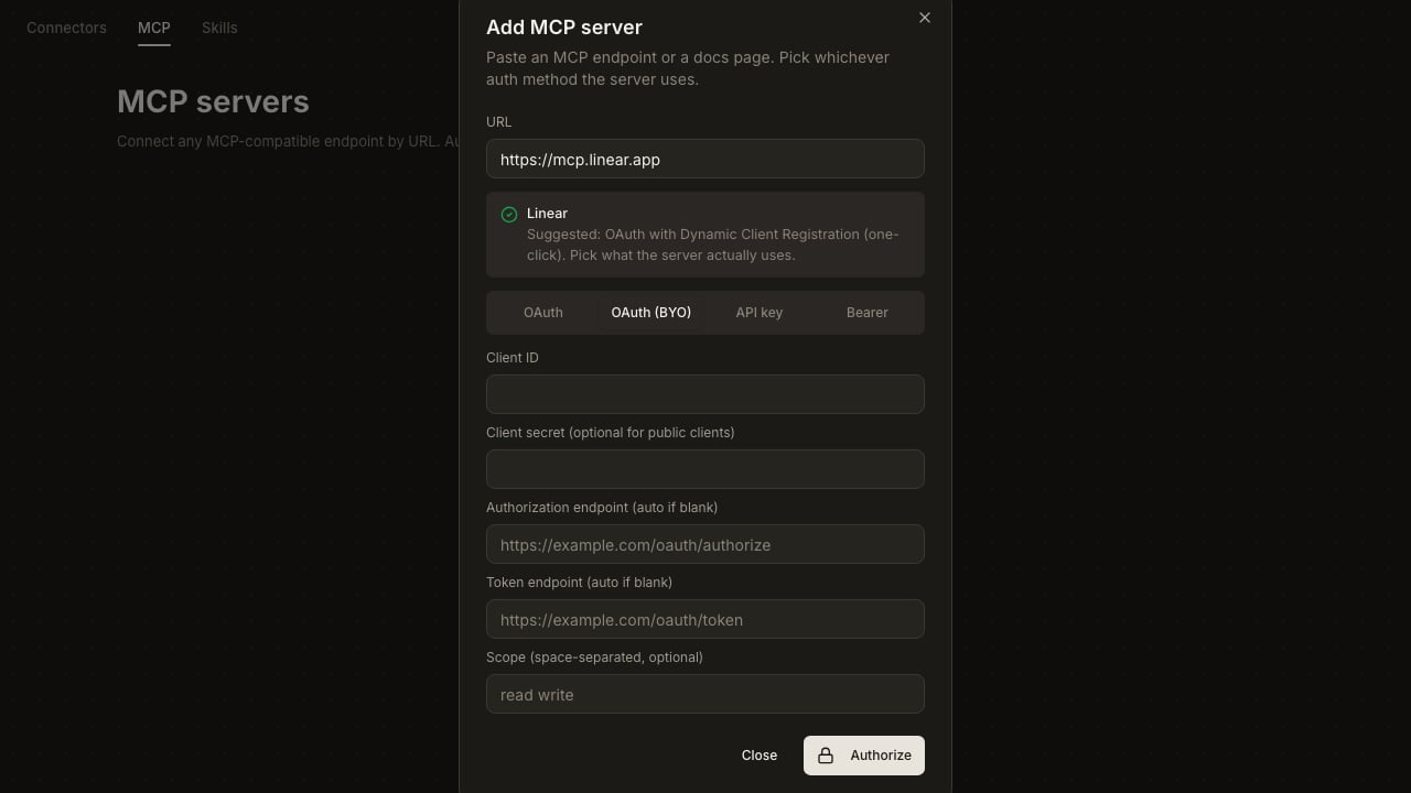 Add MCP server dialog on the OAuth (BYO) tab. Visible fields: Client ID, Client secret (optional for public clients), Authorization endpoint (auto if blank), Token endpoint (auto if blank), Scope (space-separated, optional). Authorize button at the bottom.