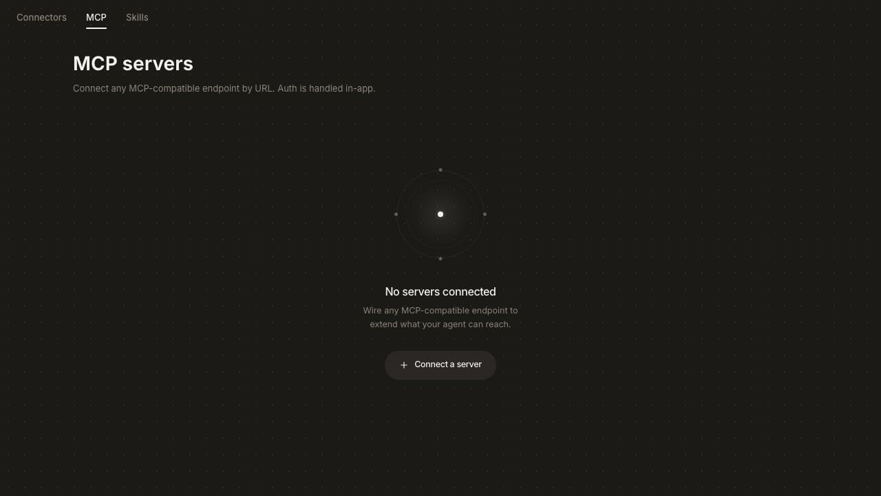 Fluso MCP servers page in its empty state: heading 'MCP servers', a description line, a centered visual of a slow-rotating dashed ring around a pinging accent core with four cardinal dots, the heading 'No servers connected', a helper line 'Wire any MCP-compatible endpoint to extend what your agent can reach.', and a 'Connect a server' pill button.