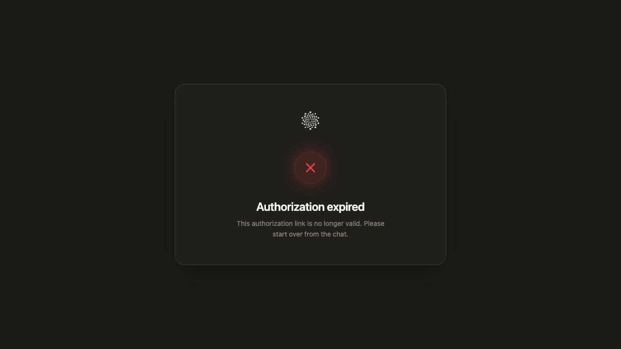 Fluso OAuth callback page in error state: the same card, but with a pulsing red status ring around an animated X glyph, heading 'Authorization expired', and the message 'This authorization link is no longer valid. Please start over from the chat.'