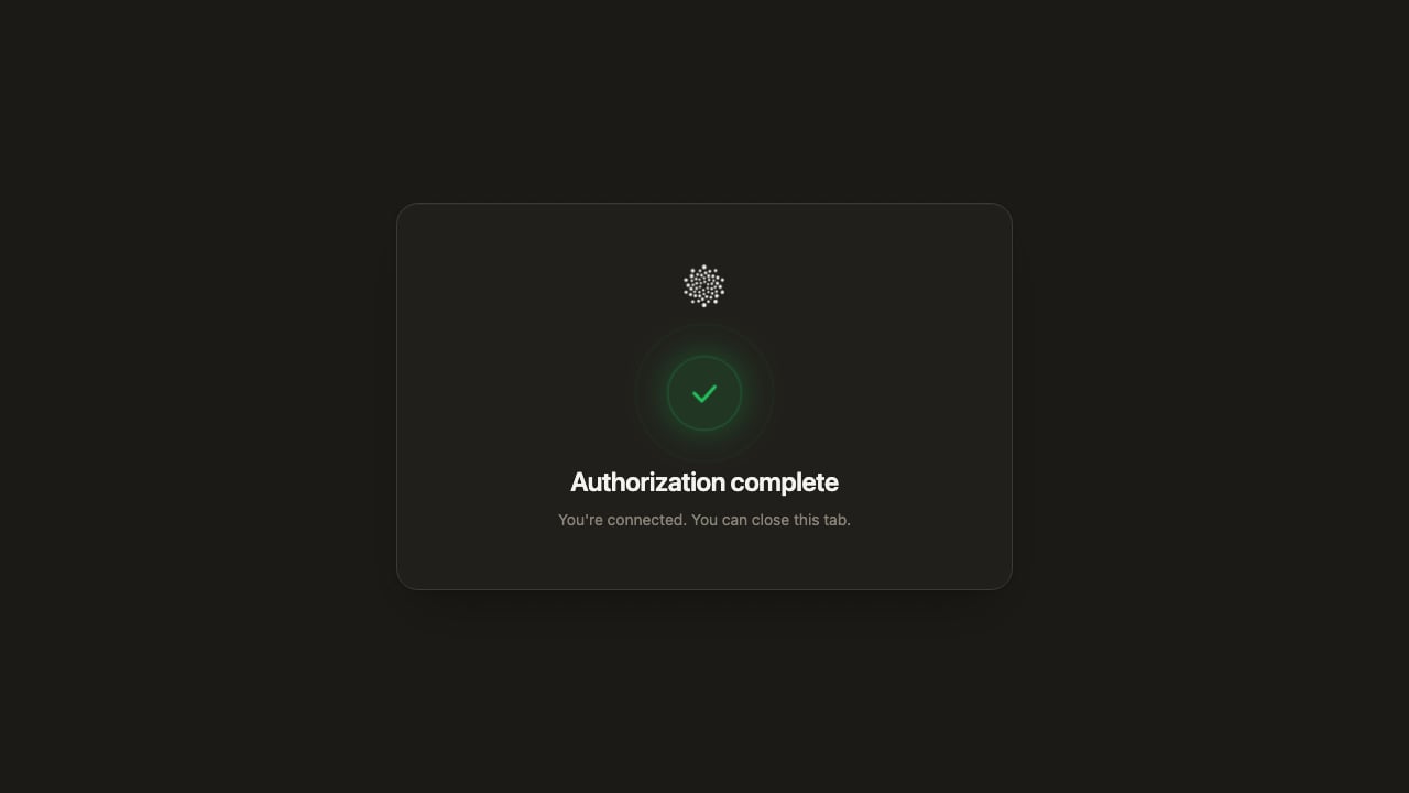 Fluso OAuth callback page: a centered card with the Prem logomark, a pulsing green status ring with an animated check mark, heading 'Authorization complete', and the message 'You're connected. You can close this tab.'