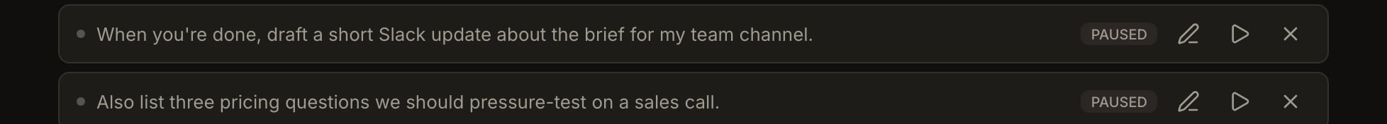 Two queued follow-ups marked with a Paused badge after the run was stopped.