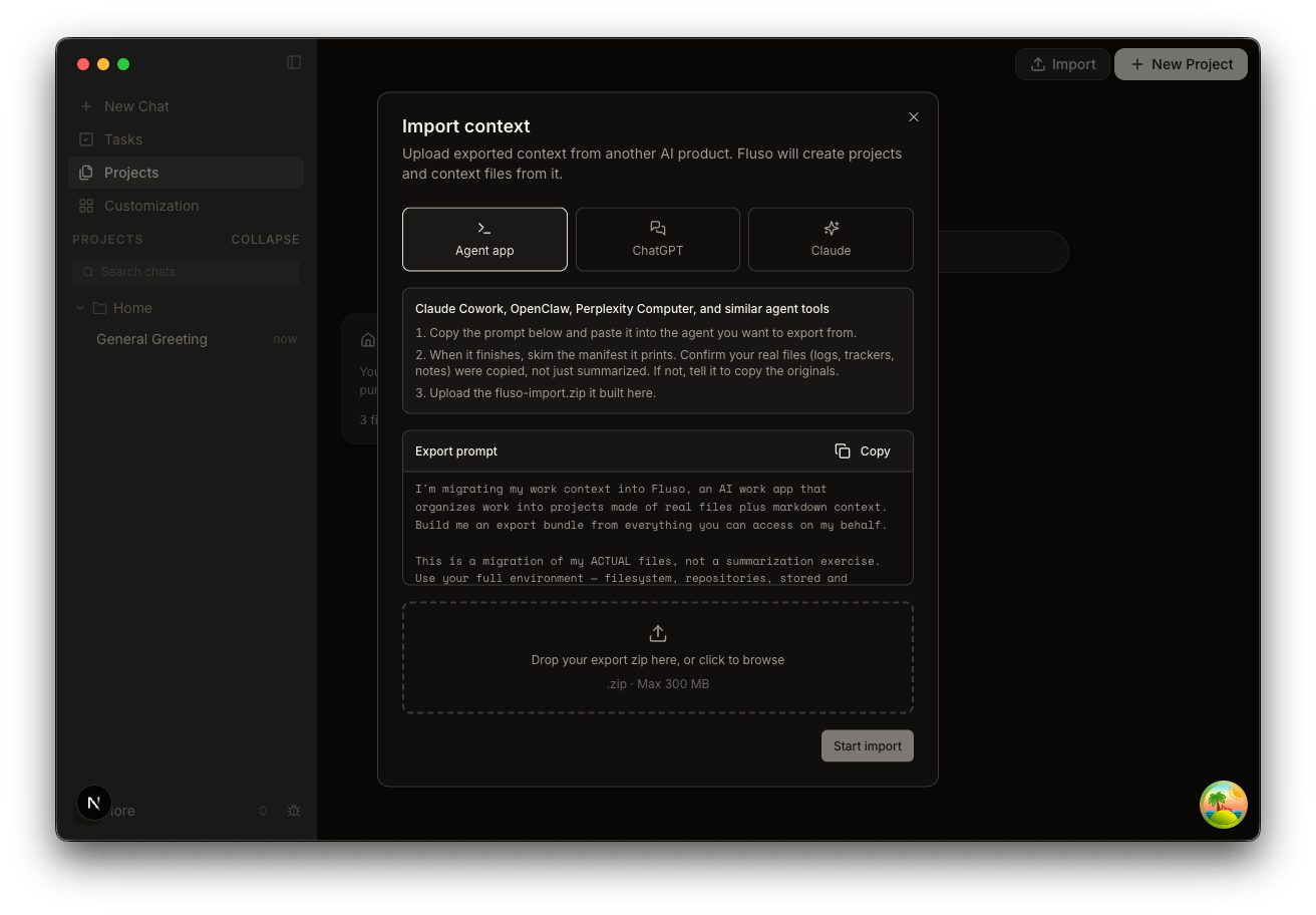 Import context dialog with source tabs for Agent app, ChatGPT, and Claude. The Agent app source is selected, showing a copyable export prompt and a zip upload area.