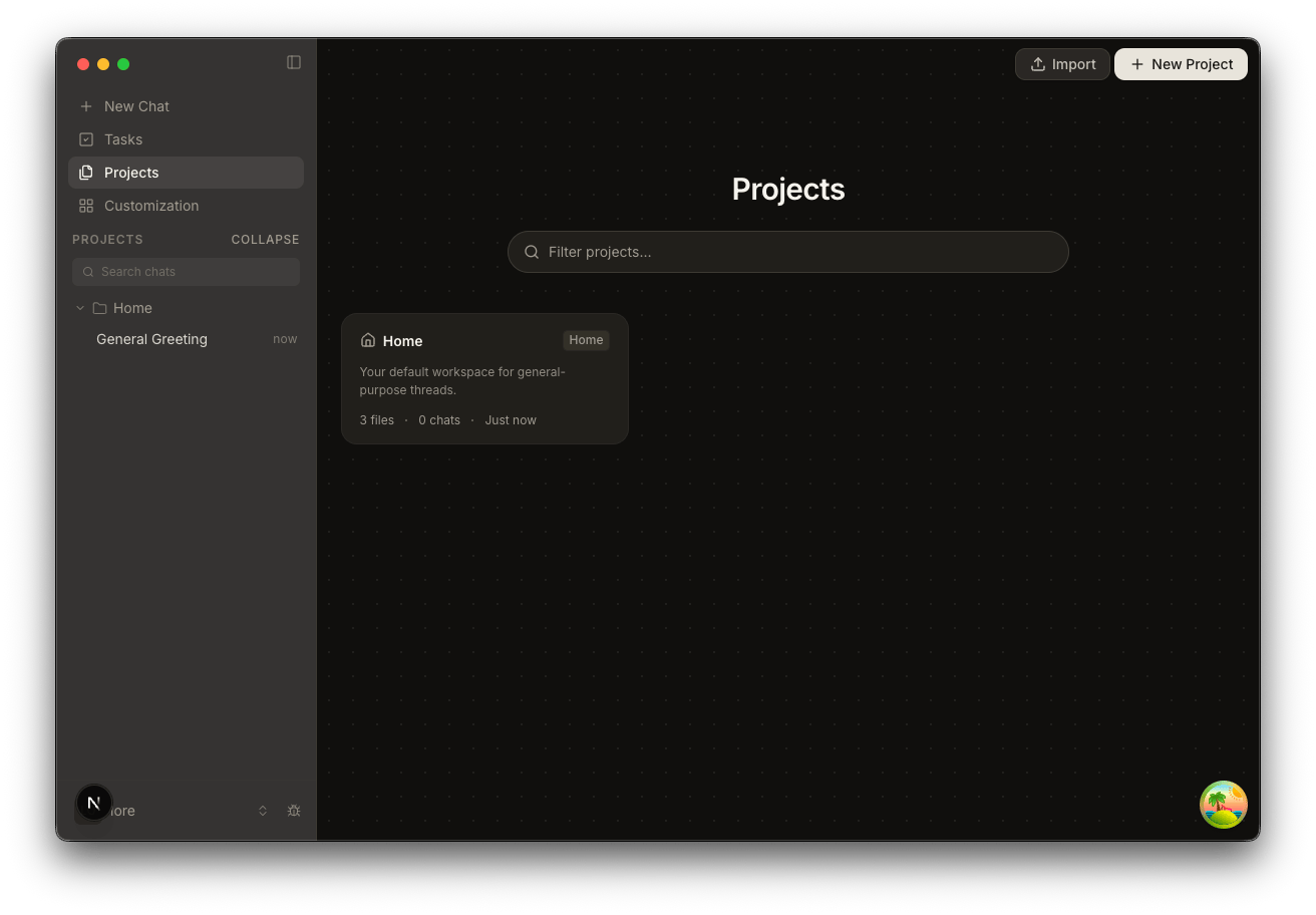 Fluso Projects page in dark mode with an Import button and New Project button in the top right.