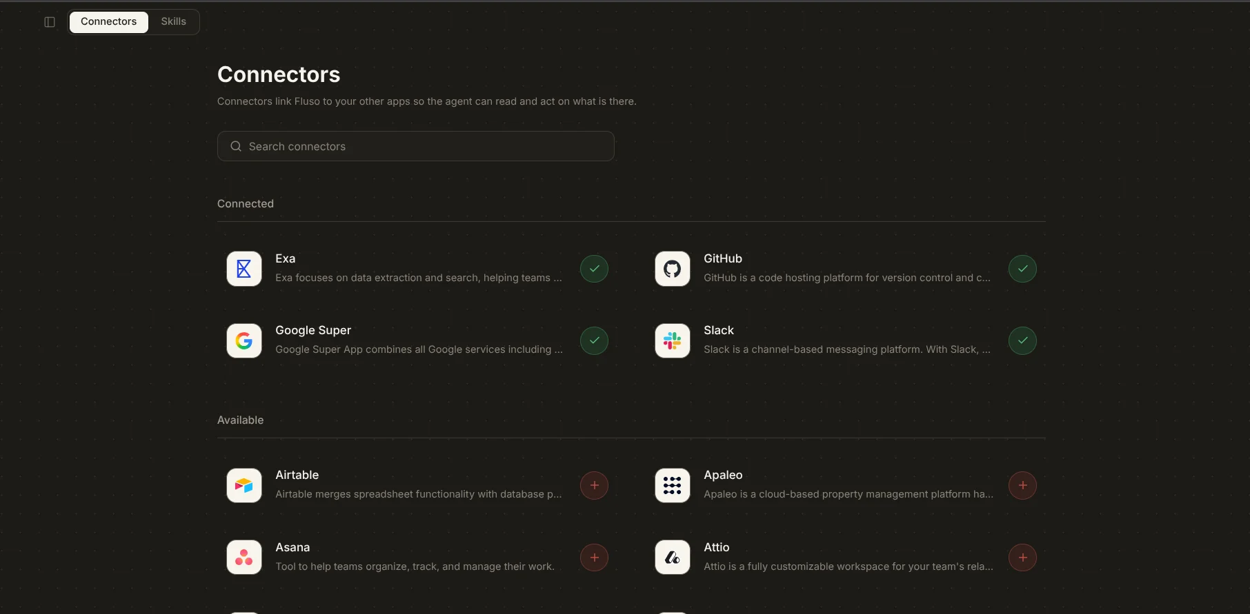 Fluso Connectors page showing the Connected section (Exa, GitHub, Google Super, Slack) with green ticks, and the Available section starting with Airtable, Apaleo, Asana, and Attio.
